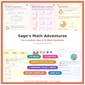 May include: A printable math workbook titled Sage's Math Adventures for ages 8-10. The document features 139 pages across 6 chapters, including answer keys, color and white versions, and instant download. Pages show math lessons on perimeter, multiplication, and fractions with owl illustrations.
