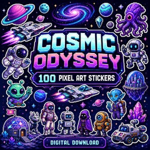 Pode incluir: Uma coleção de 100 adesivos em pixel art intitulados Cosmic Odyssey, com ilustrações de temática espacial, incluindo astronautas, robôs, alienígenas, naves espaciais, planetas, uma galáxia, cristais, uma cúpula e um rover lunar.