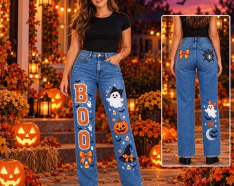 Custom Holiday Jeans, Halloween, Fall, Thanksgiving & Christmas Decorated Denim