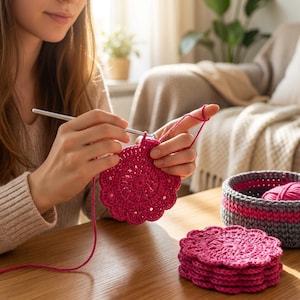 May include: A silver metal crochet hook working on a circular fuchsia pink crocheted coaster. A stack of five identical fuchsia pink coasters sits nearby, alongside a round grey and fuchsia pink crocheted basket containing a ball of pink yarn.
