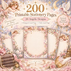 May include: A collection of 200 printable stationery pages featuring 20 angelic designs with floral and celestial motifs. The set includes lined pages for letters, journaling, and notes, presented with soft pink, gold, and cream color palettes.
