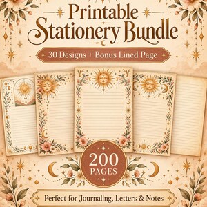 May include: A printable stationery bundle featuring 30 designs and a bonus lined page, totaling 200 pages. The paper sheets display celestial sun and moon motifs, floral borders, and stars in warm beige, brown, and soft pink tones.