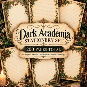 May include: A stationery set featuring 200 pages with 40 designs, including lined and unlined options. The paper displays ivy vines, books, and celestial motifs. The central label reads Dark Academia STATIONERY SET 200 PAGES TOTAL.