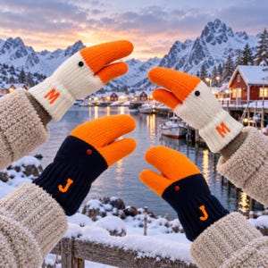 Peut inclure: Deux paires de moufles en tricot en forme de têtes d'oie. Une paire est crème avec des bouts orange et la lettre M en orange. L'autre paire est bleu marine avec des bouts orange et la lettre J en orange. Chaque moufle a un petit œil sombre.