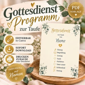 Op de afbeelding: Een doopprogramma-sjabloon met een crèmekleurige achtergrond, illustraties van groene eucalyptusbladeren, gouden tekst en iconen. De tekst bevat 'Gottesdienst zur Taufe', 'Name' en een lijst met ceremonieonderdelen zoals 'Einzug' en 'Taufe'.
