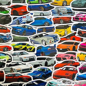 May include: A collection of assorted die-cut stickers featuring various sports cars and performance vehicles in multiple colors including red, blue, yellow, white, and green. The stickers display detailed illustrations of different car models.