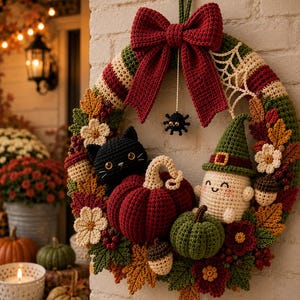 May include: A crocheted autumn wreath featuring a large red bow, a black cat, a ghost in a green hat, a red pumpkin, a green pumpkin, and a small spider. The wreath is decorated with crocheted fall leaves, acorns, and flowers in shades of red, green, and tan.