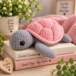 Könnte beinhalten: Ein handgefertigtes Häkel-Schildkrötenspielzeug mit einem weichen grauen Kopf und Flossen sowie einem strukturierten rosa Panzer. Die Schildkröte liegt auf zwei gestapelten Büchern mit den Titeln Crochet Creations und Small Toys Big Smiles.