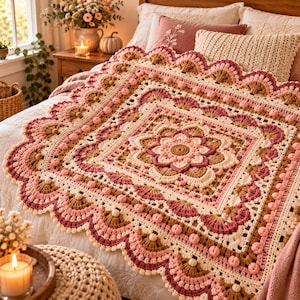 May include: A square crochet blanket featuring a central floral motif in shades of cream, dusty rose, and tan. The design includes intricate stitch patterns, textured bobbles, and a wide, scalloped border with repeating shell-like edges.