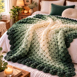 May include: A crochet blanket featuring a gradient color pattern that transitions from a deep forest green at the edges to a light cream color in the center. The blanket is constructed with a textured, repeating cluster stitch pattern throughout.