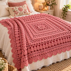 May include: A dusty rose crochet blanket featuring a central floral motif, intricate square geometric patterns, and a scalloped edge. The blanket is draped over a white bedspread, with a matching rectangular throw pillow featuring floral embroidery.