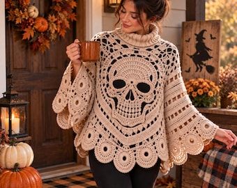 May include: A beige crochet poncho featuring a prominent skull motif on the front, a high turtleneck collar, and wide bell sleeves with circular patterns along the hem. The garment is crafted with intricate yarn work and a scalloped edge design.