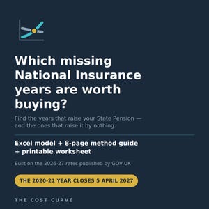 May include: A dark blue informational graphic titled Which missing National Insurance years are worth buying? It includes an Excel model, an 8-page method guide, a printable worksheet, and a yellow button stating THE 2020-21 YEAR CLOSES 5 APRIL 2027.