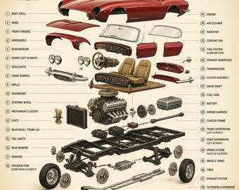 Póster digital de vista explosionada de coche clásico 8*8