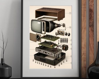 Vista explosionada de un televisor CRT antiguo (archivo digital de 8x8 pulgadas)