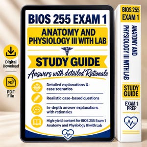 Puede incluir: Una guía de estudio digital para el examen 1 de BIOS 255, Anatomía y Fisiología III con laboratorio. La portada presenta texto en azul y amarillo, un símbolo de caduceo y un icono de corazón. Incluye explicaciones detalladas.