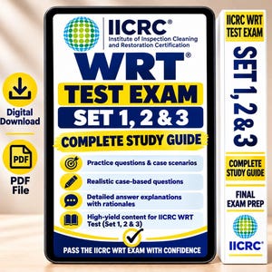 Könnte beinhalten: Ein digitaler Studienführer für die IICRC WRT-Prüfung, bestehend aus den Sets 1, 2 und 3. Das weiße Cover zeigt blauen und gelben Text, ein Globus-Logo sowie Symbole für Übungsfragen, Fallstudien und detaillierte Antwort-Erklärungen.