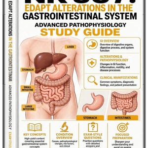 May include: A study guide titled NR 507: EDAPT Alterations in the Gastrointestinal System. The cover features an anatomical illustration of the human torso with labeled organs including the liver, stomach, small intestine, and large intestine.