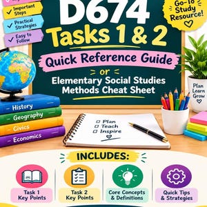 May include: A study guide titled D674 Tasks 1 & 2 Quick Reference Guide for Elementary Social Studies Methods. It features a chalkboard background, a globe, a stack of four colored books, a notebook with a pen, and colored pencils.