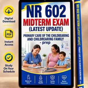 以下が含まれることがあります： NR 602中間試験のデジタル学習ガイド。タイトルは「Primary Care of the Childbearing and Childrearing Family」。表紙には医療従事者、妊婦、子供が写っており、母体ケアや健康に関するアイコンが配置されています。