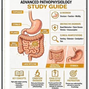 May include: A study guide titled NR 507: Week 5 EDAPT Obstructive Gastrointestinal Disorders Advanced Pathophysiology. It features a diagram of the human digestive system, including the esophagus, stomach, pylorus, and intestines, with text sections on GI overview, clinical manifestations, and key concepts.