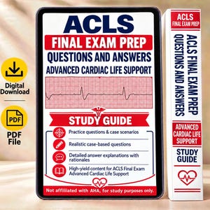 Op de afbeelding: Een digitale ACLS-examenvoorbereidingsgids met een rood en blauw ontwerp, een hartritmestrook, medische iconen en tekst over Advanced Cardiac Life Support, oefenvragen, casestudy's en gedetailleerde antwoordtoelichtingen.