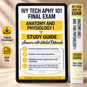 Op de afbeelding: Een digitale studiegids voor het Ivy Tech APHY 101 eindexamen in Anatomie en Fysiologie I. De omslag bevat gele en zwarte tekst, een caduceussymbool en een hartpictogram. Het bevat oefenvragen, casestudy's en gedetailleerde uitleg.