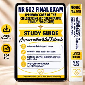 Op de afbeelding: Een digitale studiegids voor het NR 602 eindexamen, getiteld Primary Care of the Childbearing and Childrearing Family Practicum. Het document bevat een medisch caduceussymbool, gele banners en opsommingstekens met examenfocus, casusvragen en toelichtingen.