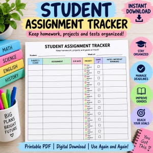 May include: A printable student assignment tracker document featuring columns for subject, assignment, due date, priority levels, completion checkboxes, and notes. The layout includes headers for student name and week, with a clean white background.