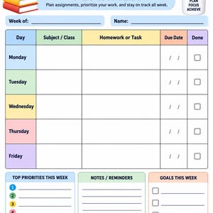 May include: A weekly homework planner template featuring a stack of colorful books in the top left and a pencil holder with the text PLAN FOCUS ACHIEVE in the top right. The grid includes columns for day, subject, task, due date, and a checkbox.