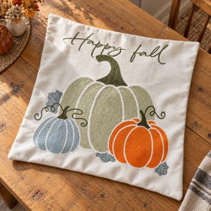 Happy Fall Pumpkin Cushion Cover, Embroidered Autumn Pillow Cover, 45x45 cm