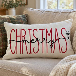 Merry Christmas Lumbar Cushion Cover, Red and Black Festive Sofa Accent, 30x50 cm