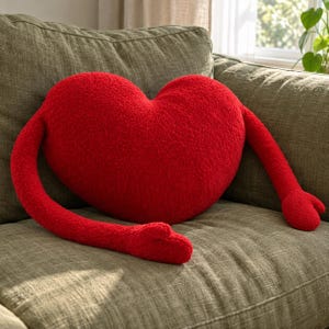 May include: A bright red heart-shaped plush pillow featuring two long, soft, fuzzy arms extending from the sides. The textured material covers the entire surface of the heart and the attached arms, which end in rounded, mitten-like hand shapes.