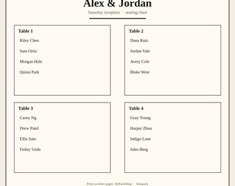 Printable wedding seating chart and place cards — custom, up to 80 guests