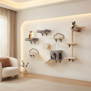6-Piece Wall Cat Furniture Set – Cloud Shelf, Cat Cave, Hammock Tower & Ladder, Complete Modular Cat Wall System