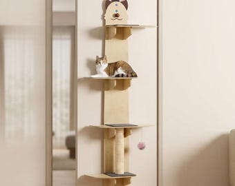 Hängender Katzenkratzbaum für die Tür – Bohrfreies Katzenregal aus Holz mit Kratzbrett, Kissen und Spielball für Wohnungskatzen