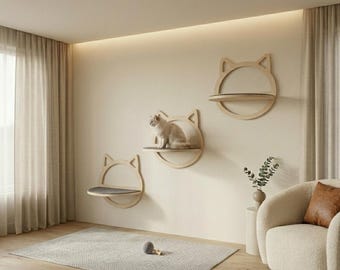 Mensola da parete a forma di orecchie di gatto – Trespolo in legno per gatti con cuscino in feltro, sagoma ad arco di gatto, scaletta da parete per gatti da interno