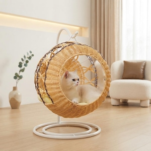 May include: A light-colored, round, woven wicker pet bed suspended from a white metal stand with a circular base. A fluffy white cat with grey ears and a grey tail is resting inside the spherical, open-fronted basket, which features a light yellow cushion.