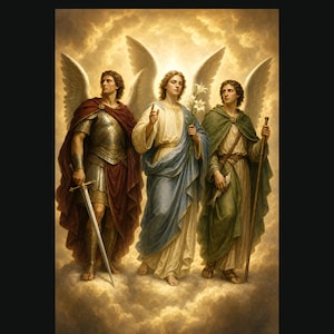 Könnte beinhalten: Eine digitale Illustration von drei geflügelten Figuren, die inmitten von Wolken stehen. Die linke Figur trägt eine metallische Rüstung und einen roten Umhang und hält ein Schwert. Die mittlere Figur trägt weiße und blaue Gewänder und hält weiße Lilien. Die rechte Figur trägt grüne Gewänder und hält einen Stab und einen Fisch.