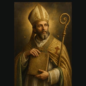 May include: A portrait of a bearded bishop wearing a tall, ornate mitre and gold-trimmed vestments. The figure holds a large, rectangular, leather-bound book in both hands and carries a tall, golden, spiralled crozier. Two small bees fly nearby.