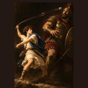 Puede incluir: Una pintura que muestra a un joven con túnica blanca y capa azul usando una honda de cuero para lanzar una piedra a un gran guerrero barbudo con armadura de bronce, capa roja y casco con cresta mientras sostiene un escudo redondo.