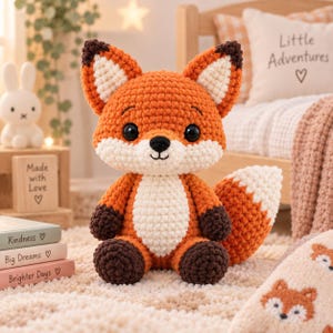 May include: A crocheted fox plush toy with bright orange fur, a white chest and muzzle, and dark brown paws and ear tips. The fox has large black safety eyes, a small black embroidered nose, and a bushy tail with a white tip, sitting upright.