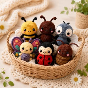 May include: A collection of six small, round, crocheted insect toys nestled in a woven wicker basket. The figures include a yellow and black bee, a brown ant, a blue fly, a colorful butterfly, a red ladybug, and a brown beetle, all with stitched faces.