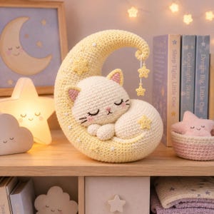 Peut inclure: Un chat crocheté de couleur crème dormant sur une grande lune jaune en forme de croissant. La lune présente de petites étoiles blanches et un mobile suspendu composé de deux étoiles jaunes. Le chat a des oreilles roses et des yeux fermés.