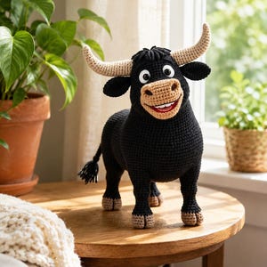 May include: A black crocheted bull toy with a tan muzzle, tan horns, and white teeth. The bull has large round eyes, a smiling expression, and a black tail with a tufted end. The hooves are tan, and the body is crafted from black yarn.
