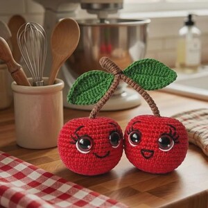 Può includere: Due ciliegie rosse all'uncinetto con grandi occhi scuri, ciglia ricamate e bocche sorridenti. Le ciliegie sono collegate da steli marroni all'uncinetto e presentano due foglie verdi all'uncinetto sulla parte superiore. La trama è visibile.