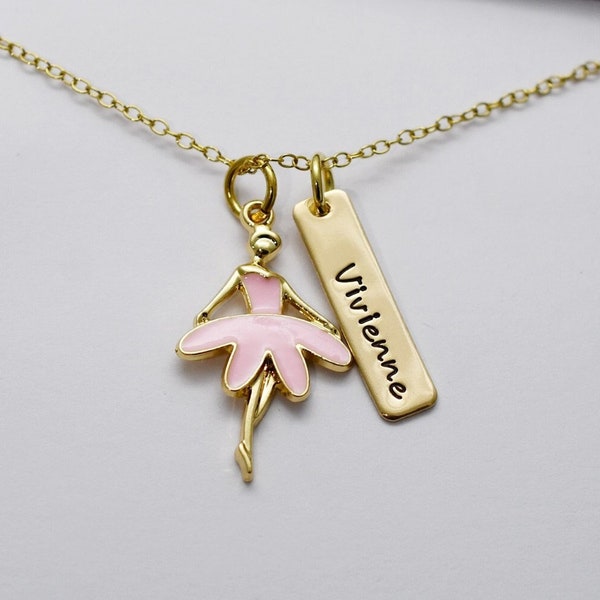 Collier ballerine personnalisé - Collier prénom en or - Bijoux petite fille - Cadeau - Ballerine rose - Cadeau d'anniversaire fille - Danse