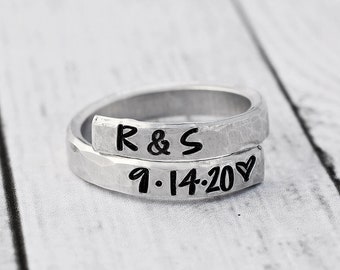 Custom Ring - Personalized Wrap Rings -Initials and Date - Skinny - Adjustable - Non-Tarnish - Stacking Rings - Wedding - Anniversary Gift