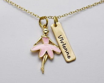 Personalized Ballerina Necklace - Gold Name Necklace - Little Girl Jewelry - Gift - Pink Ballerina - Girl Birthday Party Favor - Dance