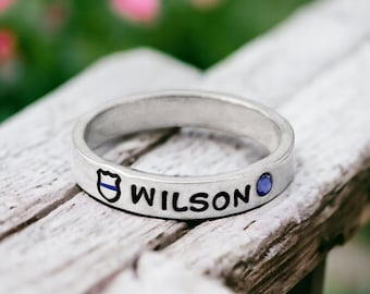 Stacking Ring - Police Officer - Name or Badge Number - Police Wife - Jewelry - Dainty - Skinny Ring - Stackable - Gift - Thin Blue Line